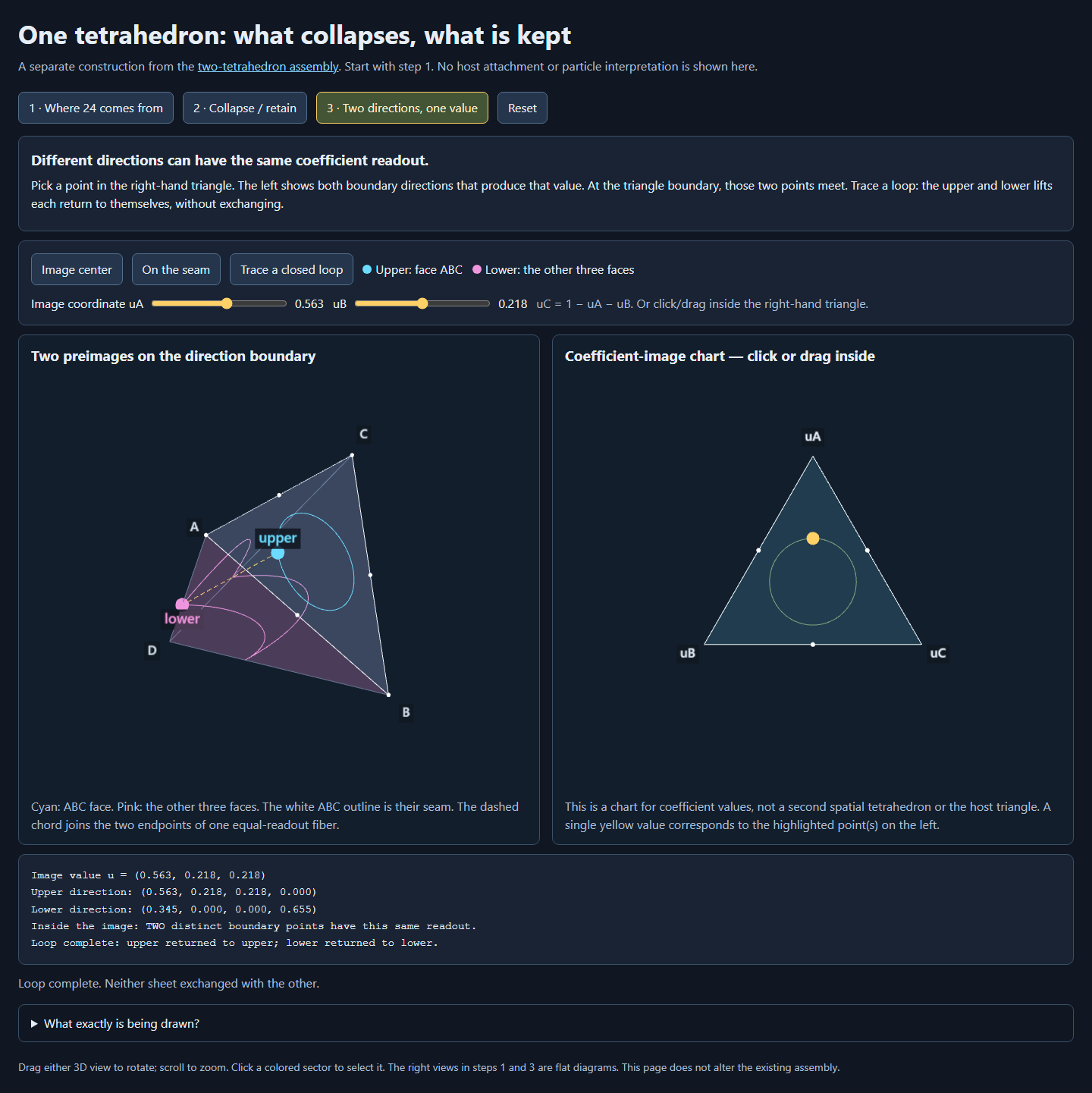 Two distinct boundary directions on a tetrahedron mapped to the same point in a triangular coefficient chart